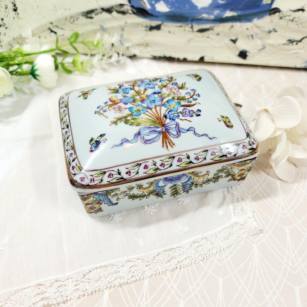 Adele Carey Hand Painted Porcelain Trinket Box Vintage Floral Butterfly Catchall
